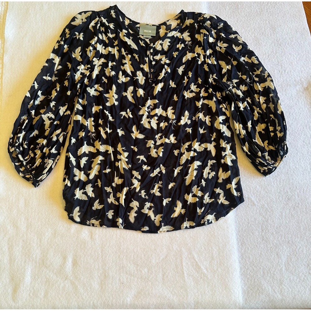 Maeve Womens Bird Print Blouse Size 10 Navy Cream Balloon Sleeve Boho Peasant